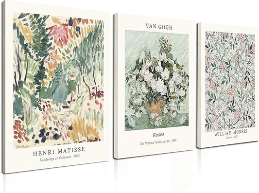 Induslyfe Framed Sage Green Vintage Wall Art Canvas Decor Set of 3, Matisse Wall Art Prints Posters Mid Century Modern Ar...
