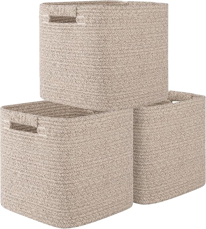 OIAHOMY Storage Cubes 11 Inch Storage Bins-3-Pack, Cotton Rope Woven Baskets for Organizing, Square Storage Baskets for Sh...
