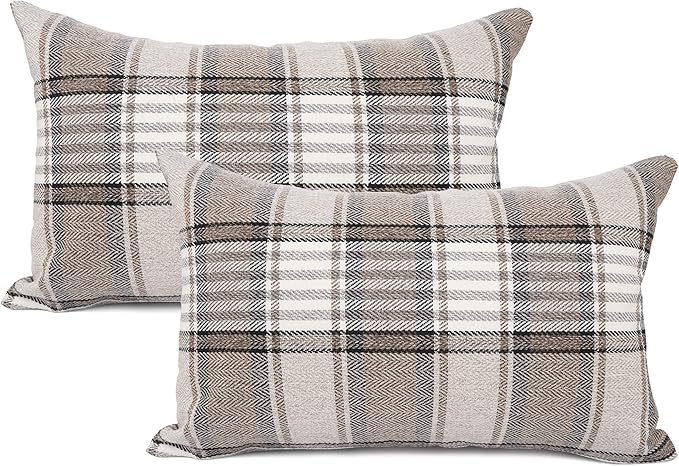 YOUR SMILE Set of 2 Retro Farmhouse Outdoor/Indoor Buffalo Tartan Chequer Stripe Plaid Cotton Linen Decorative Throw Pillo...