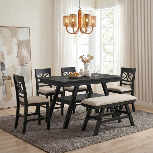 TOPMAX 6-Piece Wood Counter Height Dining Table Set With Storage Shelf, Kitchen Table Set With Bench And 4 Chairs,Rustic Style,Espresso Beige Cushion  Old Sku N717S000257AAP