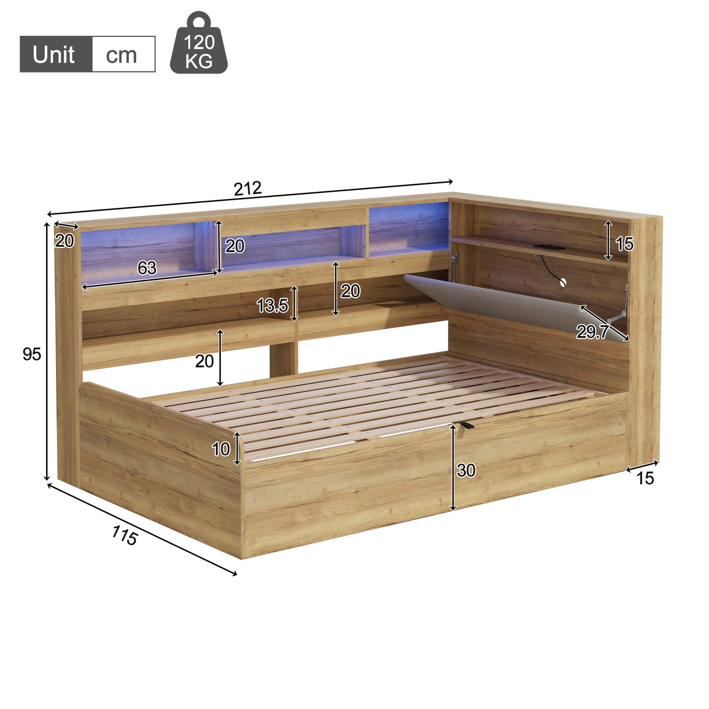 Daybed, Hydraulic Storage Bed, Children's Bed   90x190 Cm  , Wooden Bed, Youth Bed, With USB Charging Station And LED Lighting, Natural Color