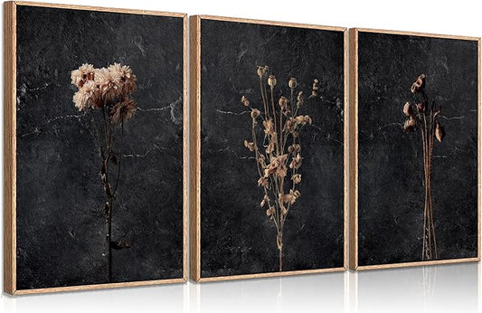 FTQYQLD 3Pcs Moody Dried Flower Wall Art Canvas Prints Dark Moody Botanical Unframed Poster Set Modern Farmhouse Home Deco...