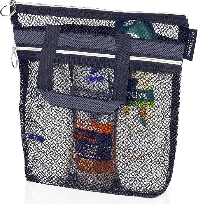 DV Lifestyle Mesh Shower Bag 10.2x9.9'' Quick-Dry Caddy with Zipper & 2 Pockets. Portable Toiletry Tote for Bathroom, Gym,...