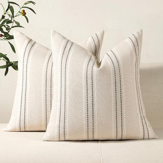 Hckot Throw Pillow Covers 20x20 Set of 2 Striped Pillow Covers Textured Linen Decorative Pillows Square Cushion Covers for...