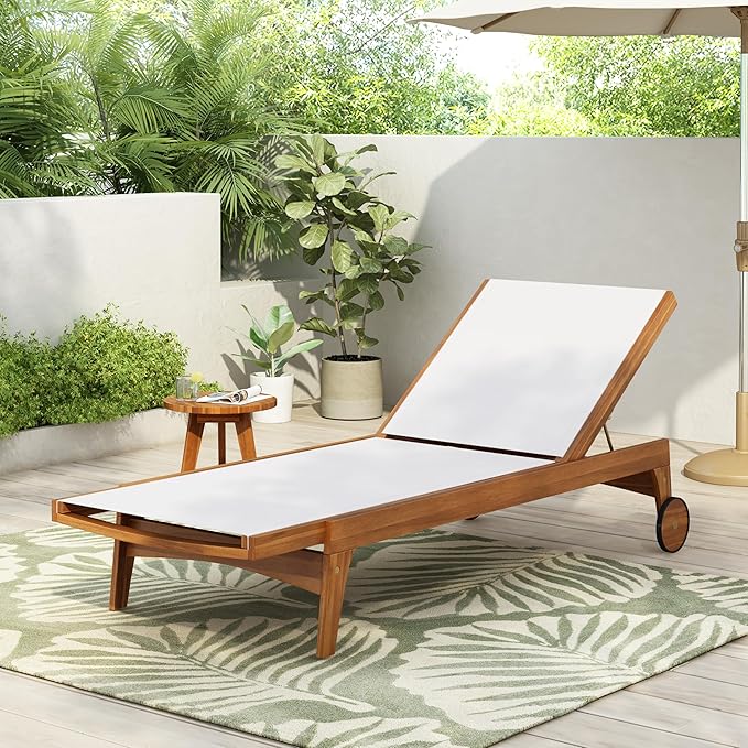 Merax Outdoor Reclining Chaise Lounge, Acacia Wood & Breathable Mesh, Adjustable Sun Lounger for Patio, Poolside & Garden ...