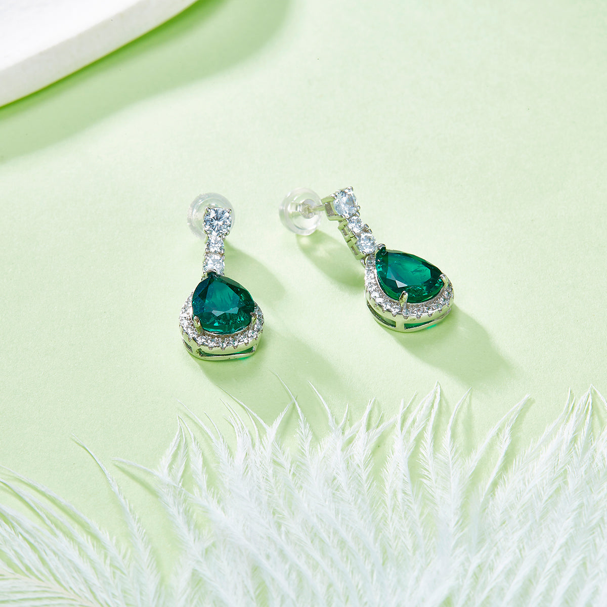 S925 Sterling Silver Teardrop Dangle Earrings, 7x11mm Lab-Grown Ruby Sapphire Emerald With Halo, Platinum Plated 3.2g Women's Jewelry Gift Box