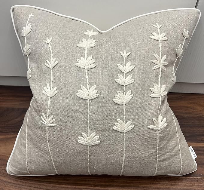 VAGMINE Hand Embroidered Linen Throw Pillow Cover 18x18 – Natural Square Decorative Accent Cushion for Sofa, Bed & Couch –...