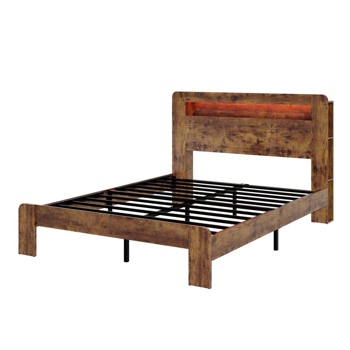 Queen Wood Bed Frame With LED Headboard, 2 USB & Underbed Storage, Dark Brown
