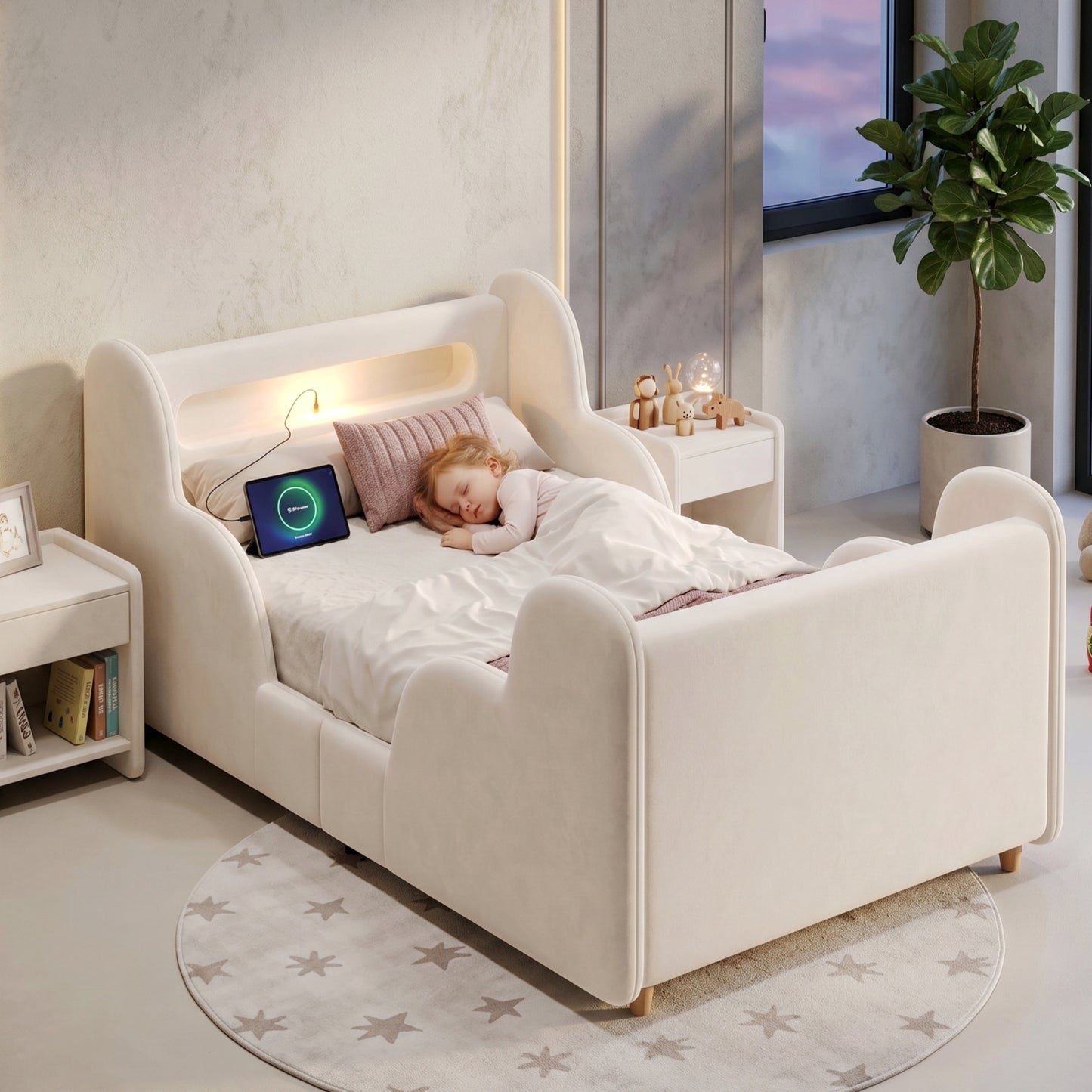 Children's Bed 90 X 200cm, Upholstered Bed, Single Bed, With Safety Railing, With Night Light And USB Charging Port And Storage Compartments, Bed Legs Made Of Solid Wood, Velvet, Beige