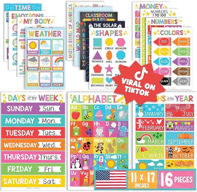 Hadley Designs 16 Educational Posters for Toddlers 1-3 - Learning Poster for Kids Ages 3-5, Alphabet Chart Playroom Homesc...