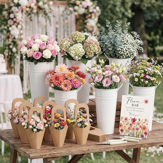LEIFIDE Flower Bar Buckets Set Kit Bloom Bar Supplies Include Wood Sign Gift Bags Iron Bucket Garden Flower Shears for Wed...