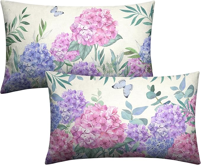 Kwlegh Pink Hydrangea Lumbar Pillow Covers Spring Flowers Outdoor Pillow Covers 12x20 Set of 2 Purple Pink Hydrangea Eucal...