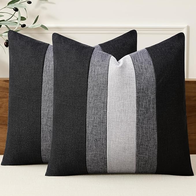 Adabana Modern Pillow Covers 18x18 Set of 2 Farmhouse Decor Patchwork Linen Cushion Covers for Couch Living Room Bed Black...