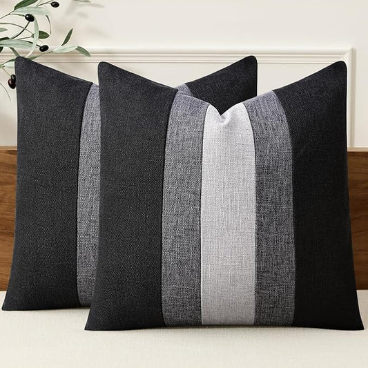 Adabana Modern Pillow Covers 18x18 Set of 2 Farmhouse Decor Patchwork Linen Cushion Covers for Couch Living Room Bed Black...