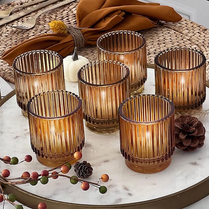 Kate Aspen Vintage Glass Tealight & Amber Votive Candle Holders (Set of 6) Rustic Fluted Candle Holder Set, Boho Home Deco...