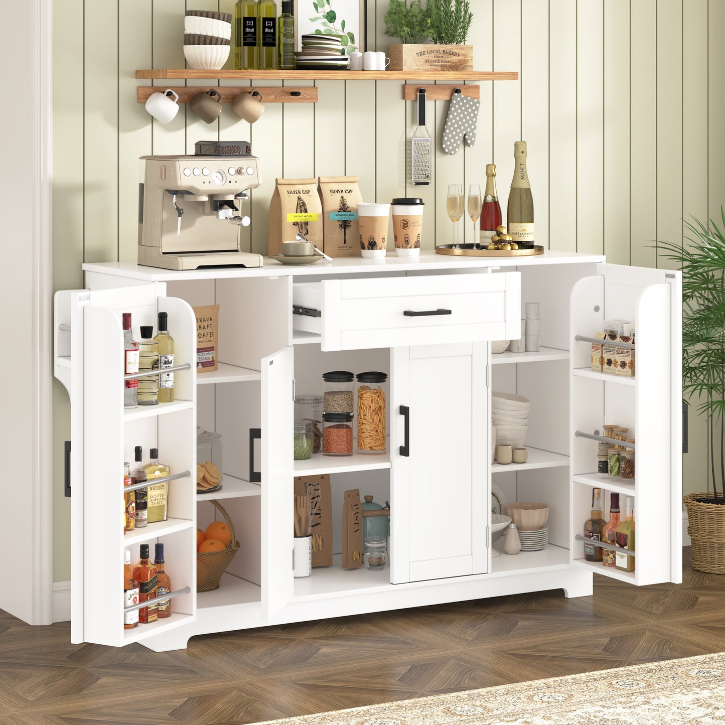 U-STYLE 54.3  Sideboard Buffet Cabinet With Storage  4 Doors & 1 Drawer  Melamine MDF Kitchen Storage With Adjustable Shelves  Aluminum Alloy Handles  Side Shelves & Hanging Rod For Dining Room