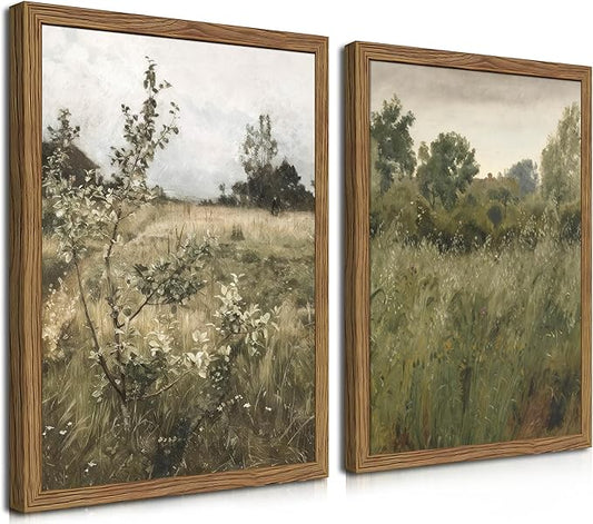 Vintage Landscape Wall Art Set of 2, Green Natural Wilderness Farmhouse Canvas Wall Decor Paintings, Retro Country Wildflo...