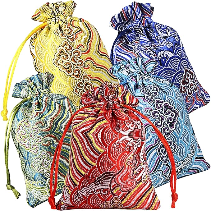 PINOWU 10pcs Silk Brocade Jewelry Pouch Bag 4x5.5 for Wedding Party Favors, Drawstring Coin Purse Embroidered Sachet Candy...