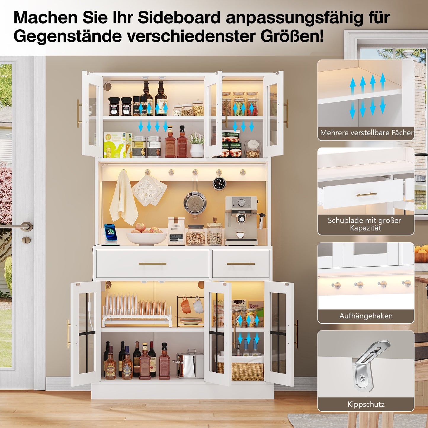 Kitchen Sideboard With LED Strip And Socket, Equipped With 6 Doors And 2 Drawers, Adjustable Shelves For Flexible Storage, Country Style Design, Golden Metal Handles, White, 180 X 100