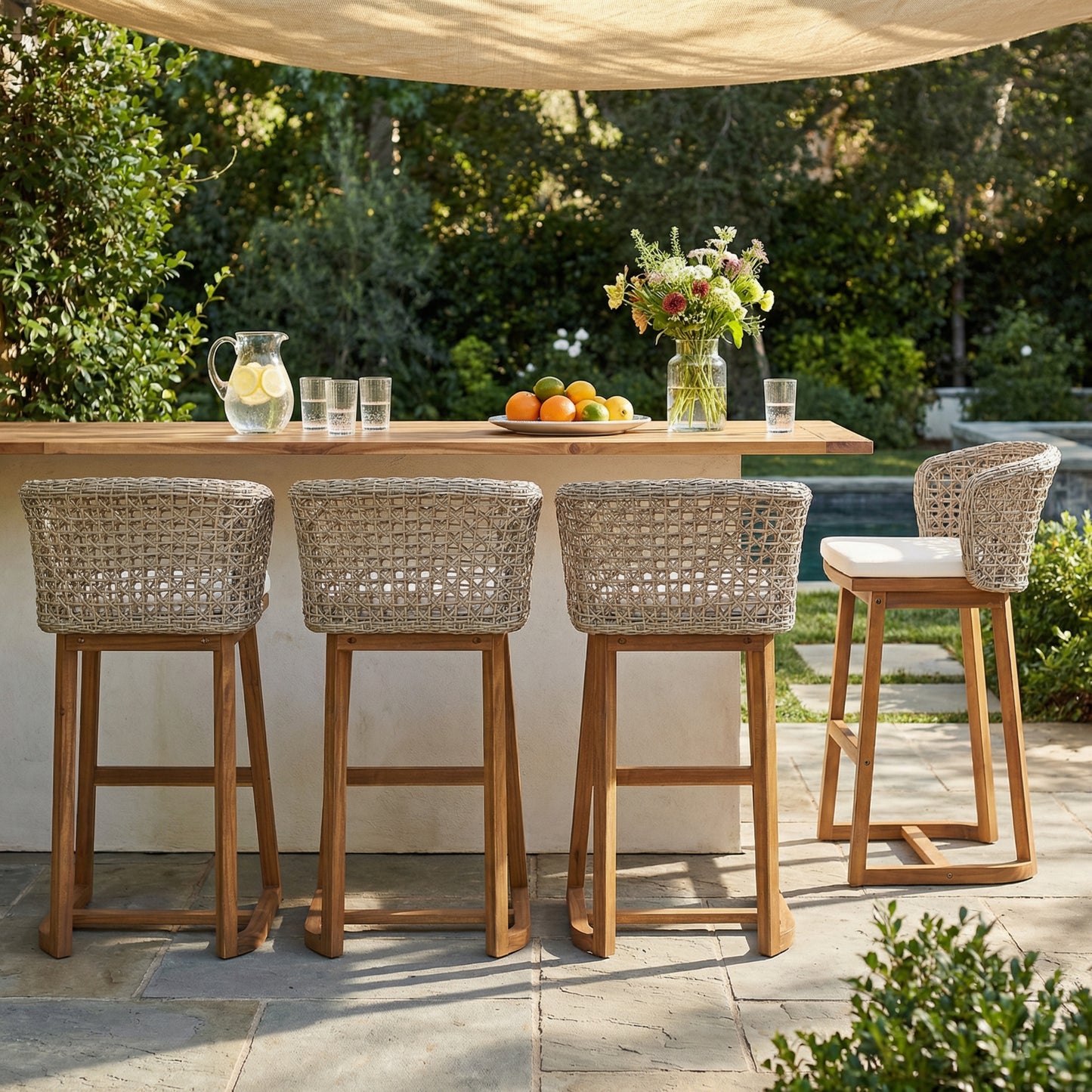 Outdoor Acacia Wood Bar Stools  4 PCS , Teak Finish Bar Height Chairs With Beige Cushion & Light Brown Wicker Back, Counter Height Stools For Patio, Poolside, Kitchen Island