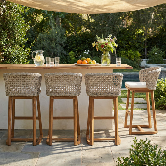 Outdoor Acacia Wood Bar Stools  4 PCS , Teak Finish Bar Height Chairs With Beige Cushion & Light Brown Wicker Back, Counter Height Stools For Patio, Poolside, Kitchen Island