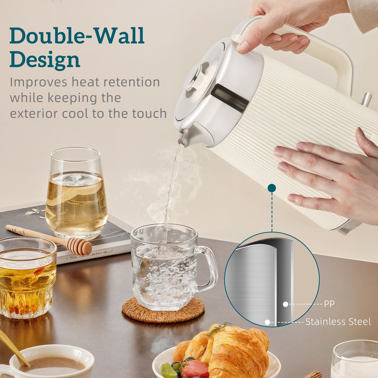 Electric Stainless Steel Kettle And Toaster Set, 3000W 1.7L UK Strix Thermostat Fast Boil Kettle W/ Limescale Filter, Cool Touch Body, 4 Slice Toaster With 7 Browning Levels, Crumb Tray, Cream