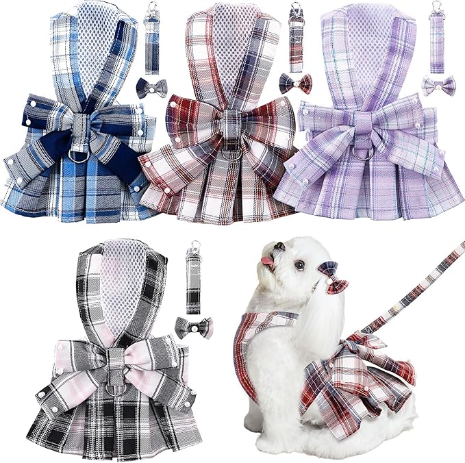 Yearntown 4 Pcs Plaid Dog Dress with Pearls Bow Tie Harness Leash Cute Puppy Dress for Small Dogs Puppy Clothes for Pet Ch...
