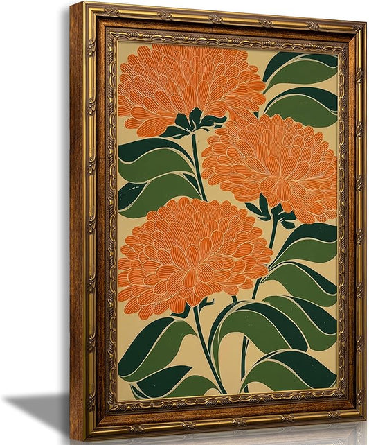 Vintage Gold Framed Flowers Canvas Wall Art Colorful Flower Prints Sketch Middle Ages Wall Decor Abstract Minimalist Plant...