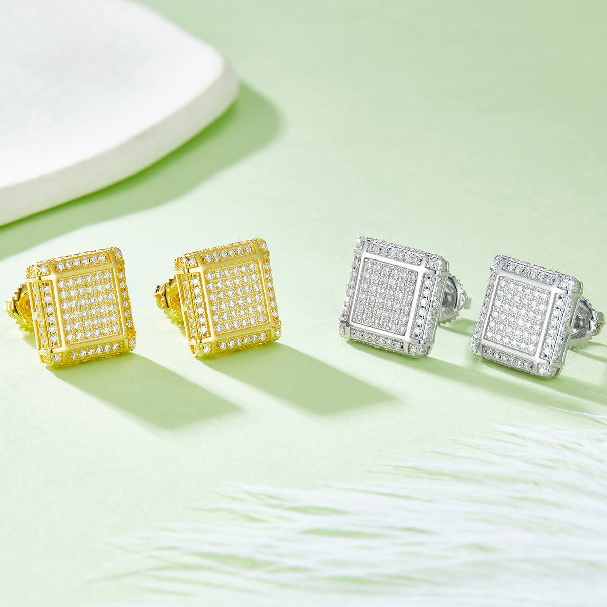S925 Sterling Silver 176pcs D Color VVS1 Moissanite 3D Square Earrings 11.5mm Screw Back Hypoallergenic GRA Certified Gift Box