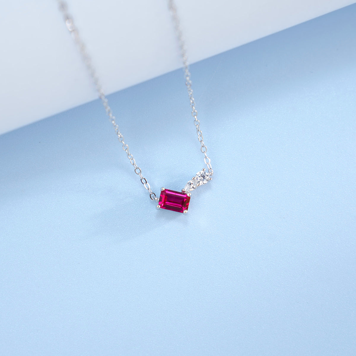 S925 Sterling Silver Geometric Necklace, 6x4mm Lab-Grown Ruby & Emerald, Platinum Plated Minimalist Chain, 2g Women's Jewelry Gift Box