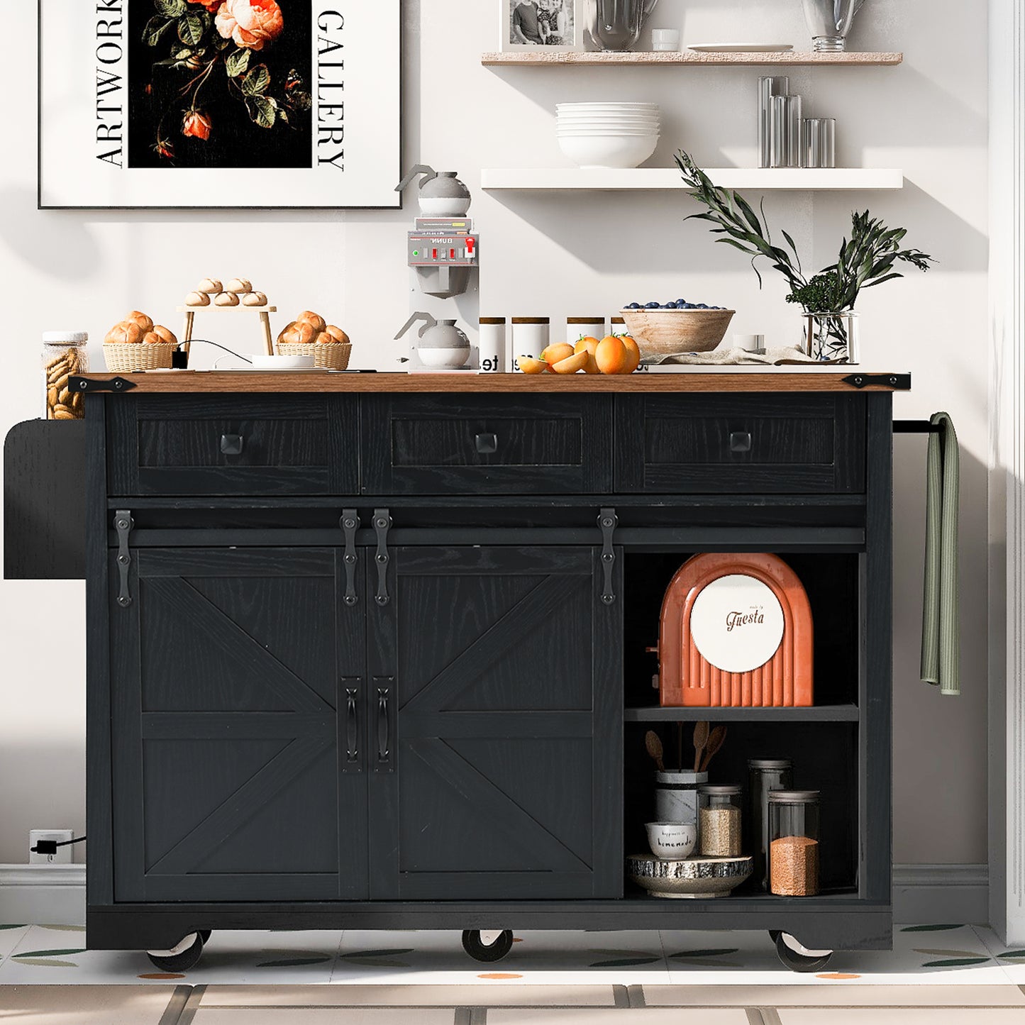 K&K 53.7  Farmhouse Kitchen Island With Power Outlet, 2 Sliding Barn Door Kitchen Storage Island With Drop Leaf, Spice Rack Rolling Kitchen Cart On Wheels, For Home, Kitchen And Dining Room, Black