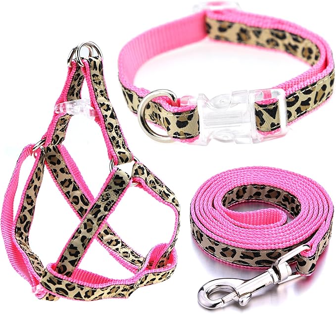 Mile High Life Leopard Dog Harness Collar Leash Set, Adjustable No Pull Dog Halter Harness for Small Breed Dogs, Easy Cont...