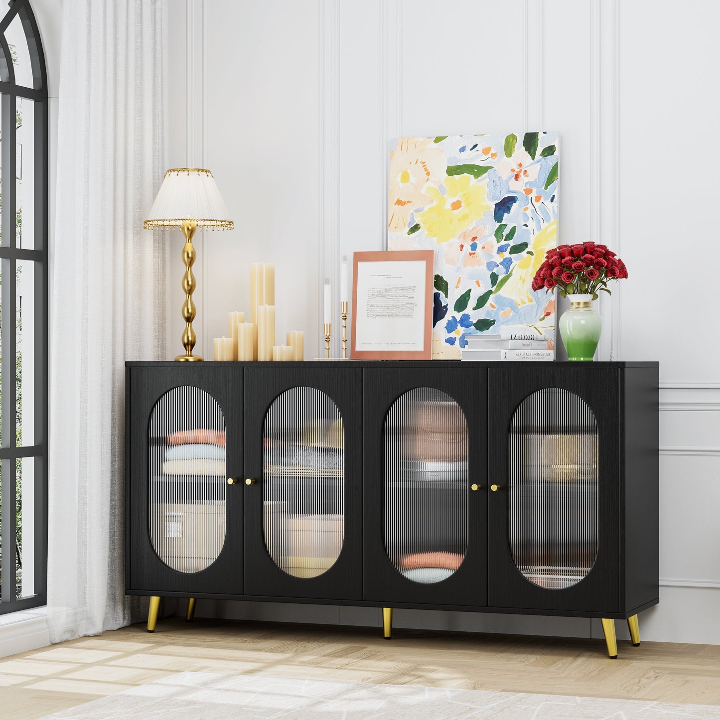 Modern Accent Sideboard Cabinet With Acrylic Doors, Freestanding Storage Cupboard Console Table For Kitchen Dining Living Room Hallway Office, Black