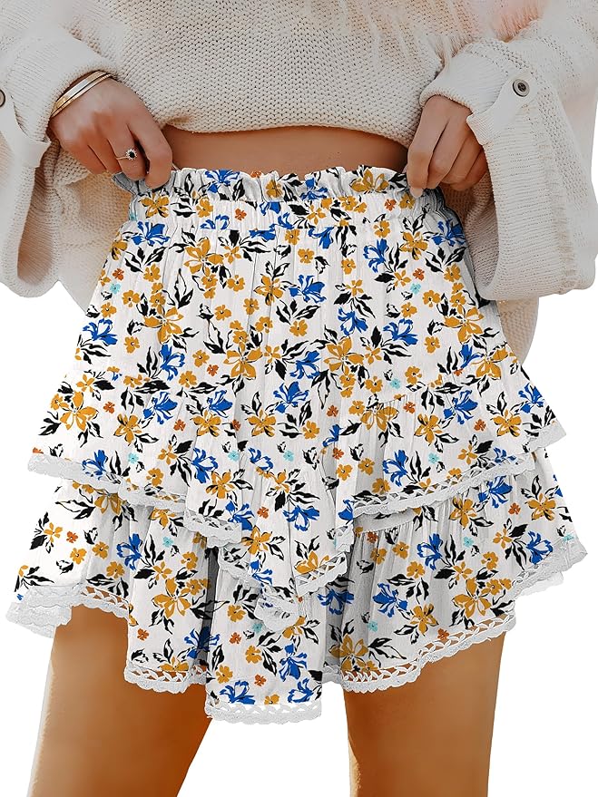 Caracilia Women Summer Flowy Mini Skirts Built in Shorts Casual Boho Ruffle Cute Tennis Skorts 2026 Beach Vacation Clothes