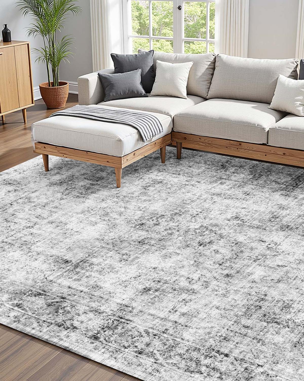 Area Rug, 6 X 9 Ft Large Washable Boho Rug, Non-Slip And Tear-Resistant Soft Carpet, Pet & Child Friendly Bohemian Area Rugs, Indoor Mat For Bedroom, Living Room, Kids Room, Entryway, Gray