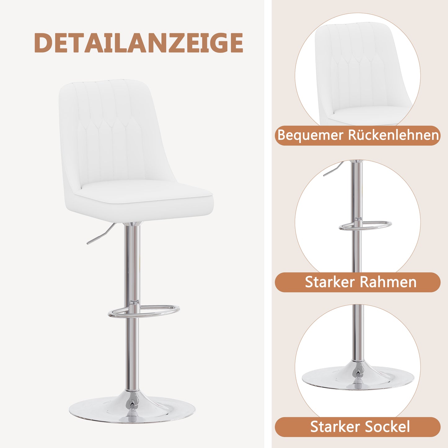 Height-adjustable Bar Stool In Set Of 2, 360 Swivel, Backrest With White PU Leather And Quilted Pattern, Legs Made Of Silver Metal. Suitable For Kitchen Islands And Bar Counters.