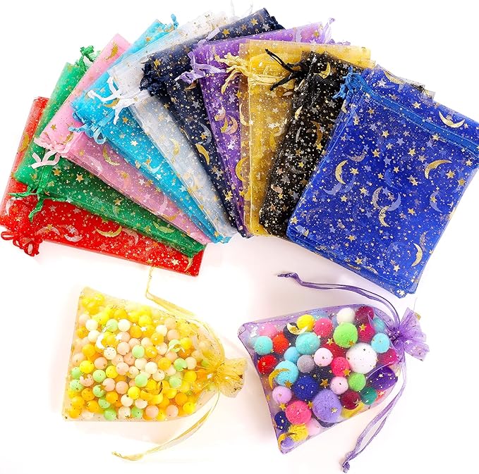 ENNIYU 100 Pieces Moon Star Organza Bags, 4x6“ Mixed Color Christmas Wedding Favors Gift Drawstring Bags Jewelry Pouches C...