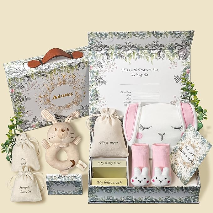 Aeang Baby Shower Gifts for Mom, Newborn Baby Gift Set for Baby Girl Baby Boy - Keepsake Box with Baby Hat, Rattle Socks, ...