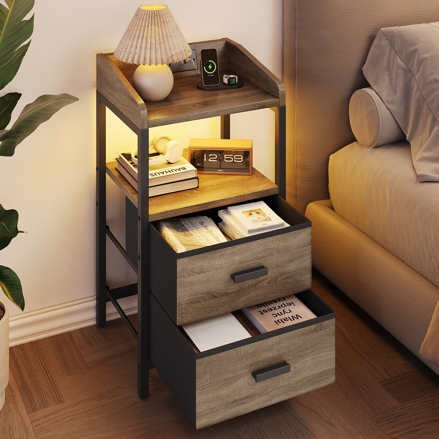 Nightstand With Charging Station Modern Bedside End Side Table With Guardrail Storage Shelf 2 Fabric Drawers USB Ports AC Outlets