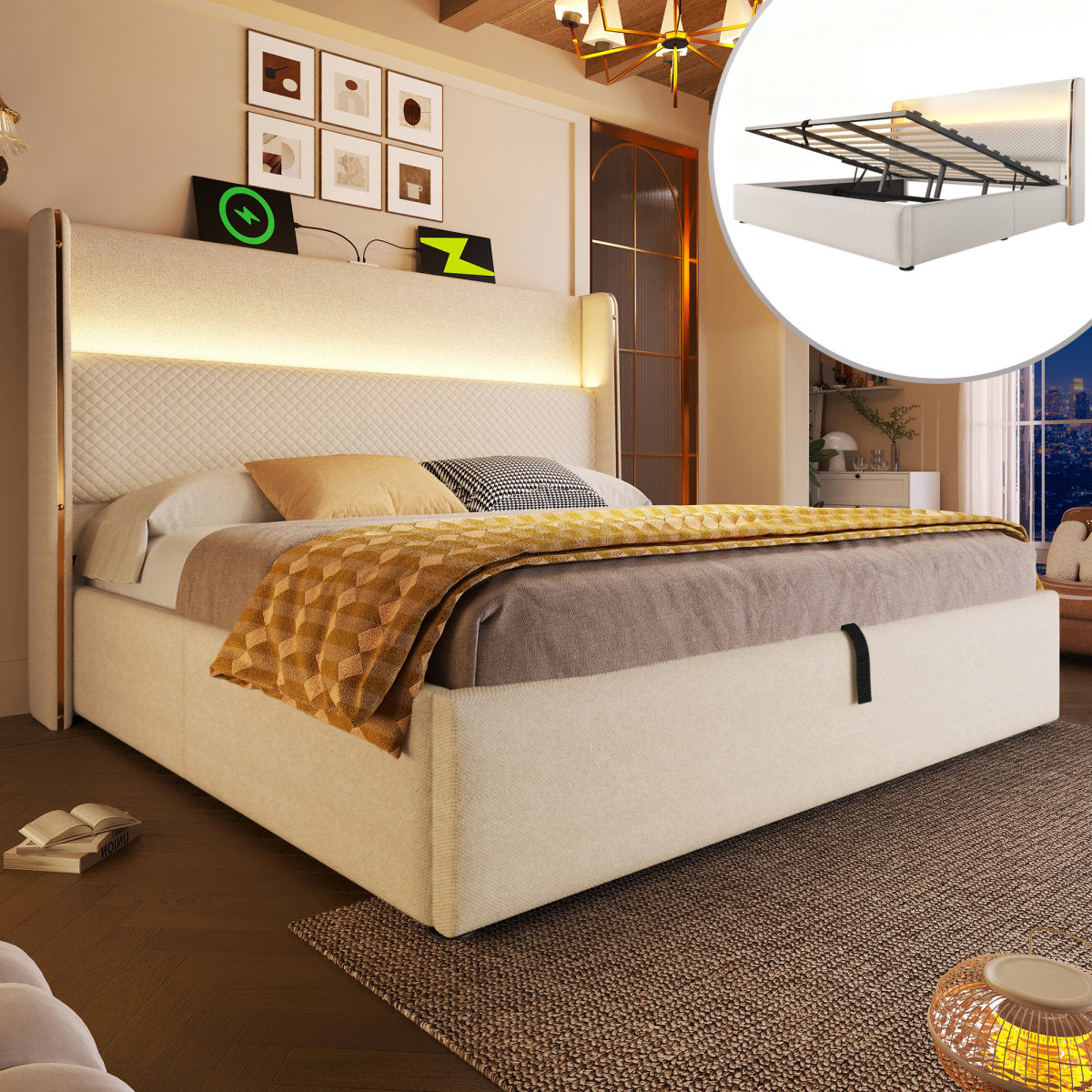 Modern Hydraulic Bed With High Headboard, 140x200cm Double Bed With LED Lighting, Storage Space & USB Type-C Ports, In Linen Look Beige Without Mattress