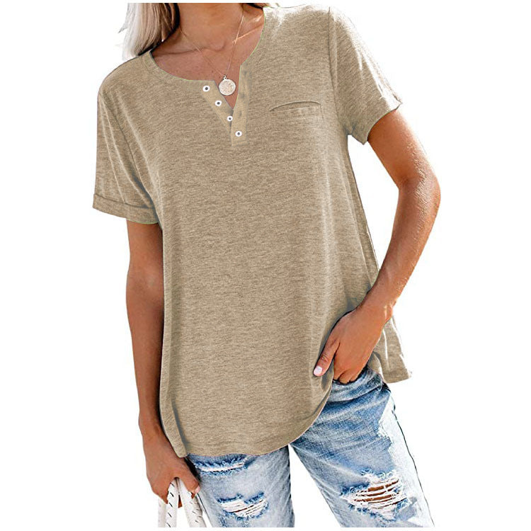 Women's Henley Neck Button Detail Curved Hem Pocket Decor Casual Short Sleeve T-Shirt