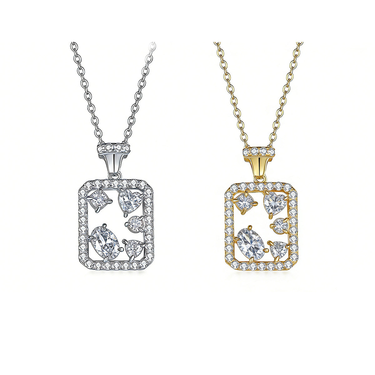 S925 Sterling Silver Geometric Rectangle Moissanite Necklace 45cm Mixed Cut D Color VVS1 GRA Certified Platinum Gold Plated Gift Box