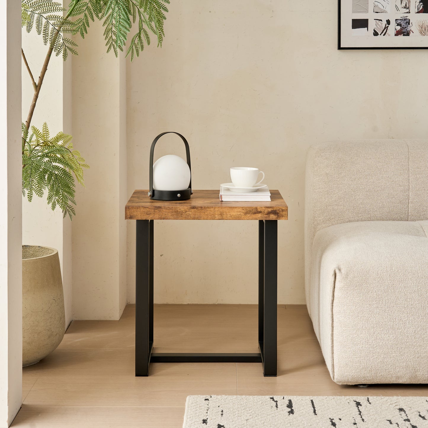 2 Pieces Small Tea Table,Walnut Night Stand,MDF SideTable,  Sofa Table With Metal Leg