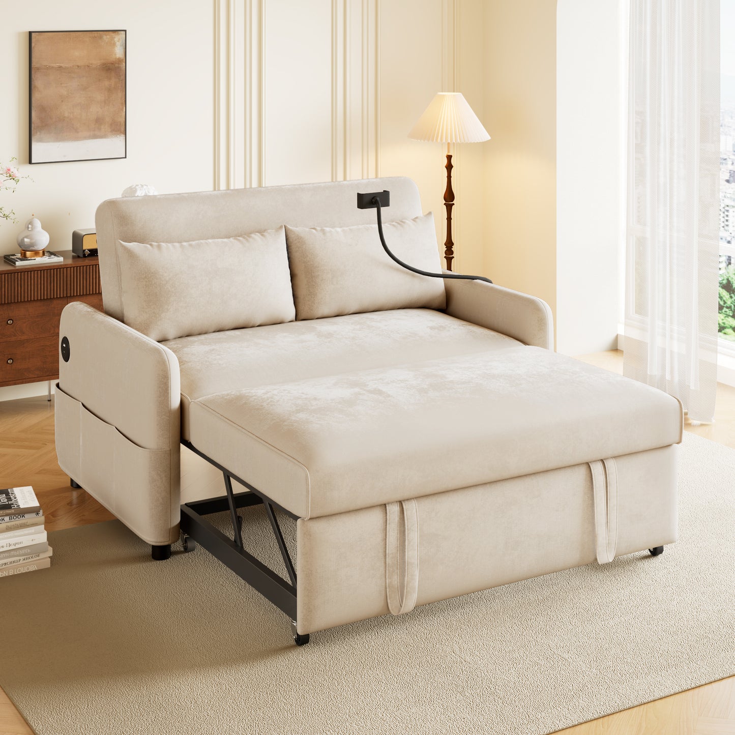 Modern 2 Seater Sofa Bed, 3 In 1 Convertible Design With Adjustable Backrest, Phone Holder, USB Ports And Side Pockets, Pull Out Chenille Sofa Bed For Living Room, Guest Room And Office,Beige