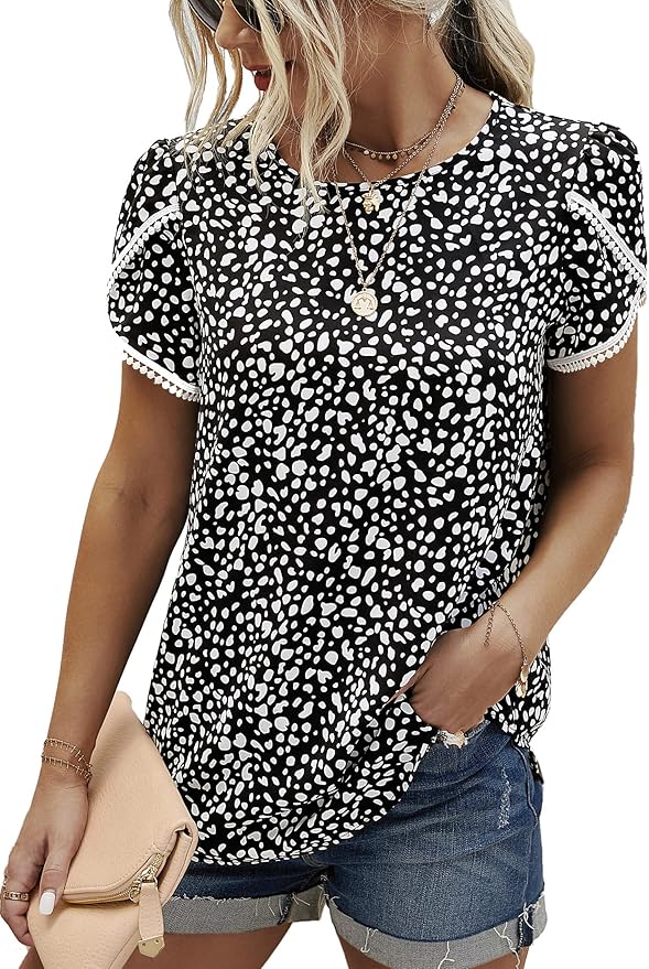 Angashion Women's Tops Casual Floral Print Lace Crochet Short Sleeve Crewneck Summer Loose Blouse Shirt Tunic Top