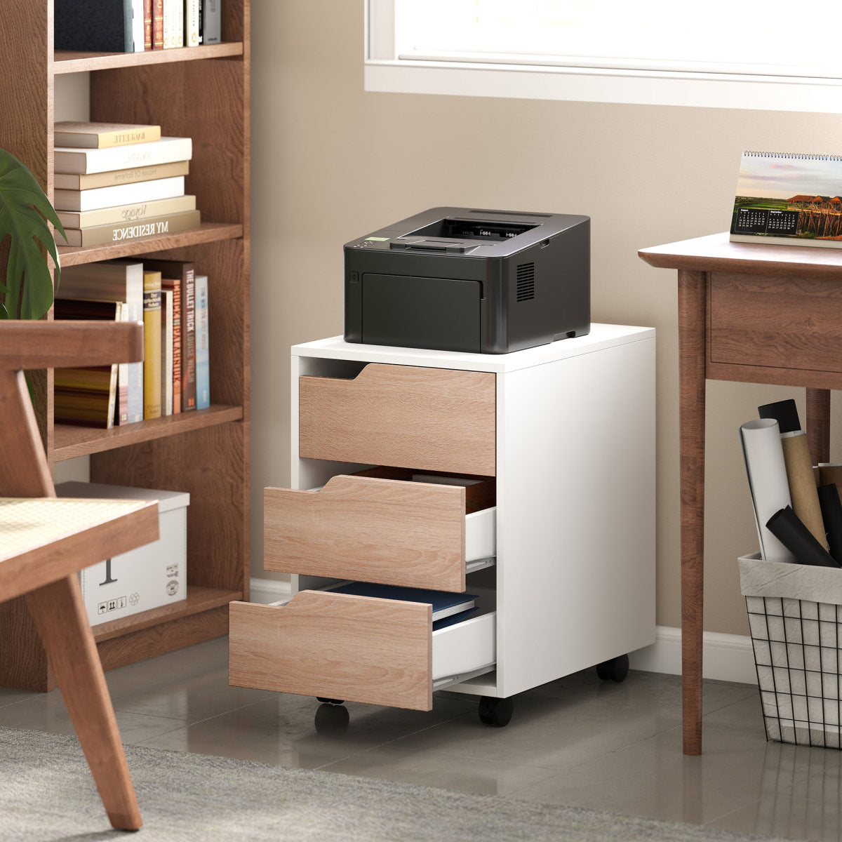 3 Drawer Mobile File Cabinet, Vertical Filing Cabinet With Wheels For Home Office, Oak