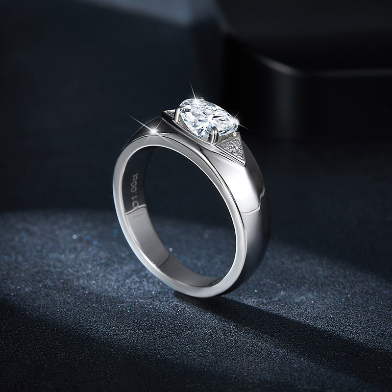 S925 Sterling Silver 1ct Marquise Moissanite Men's Ring, Wide Band With Pave Accents, Platinum Plated, US Sizes 5-9, GRA Certificate Gift Box