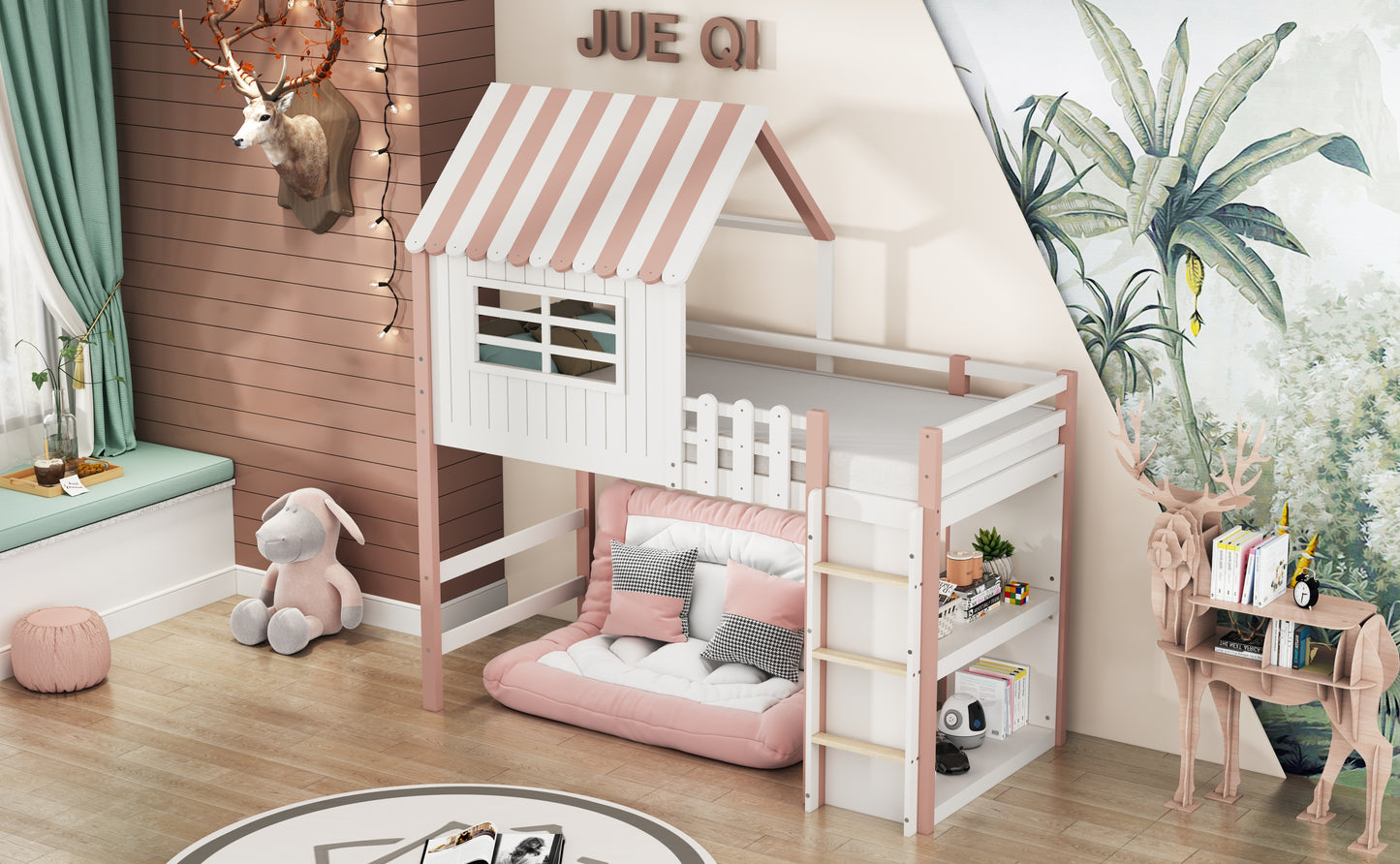 Children's Bed 90x200 Cm High And Low Bed For Boys And Girls Home Bed Roof Shape With Safety Ladder With Storage Compartment Multifunctional Bed Solid Wood Bed With Slatted Base Pink