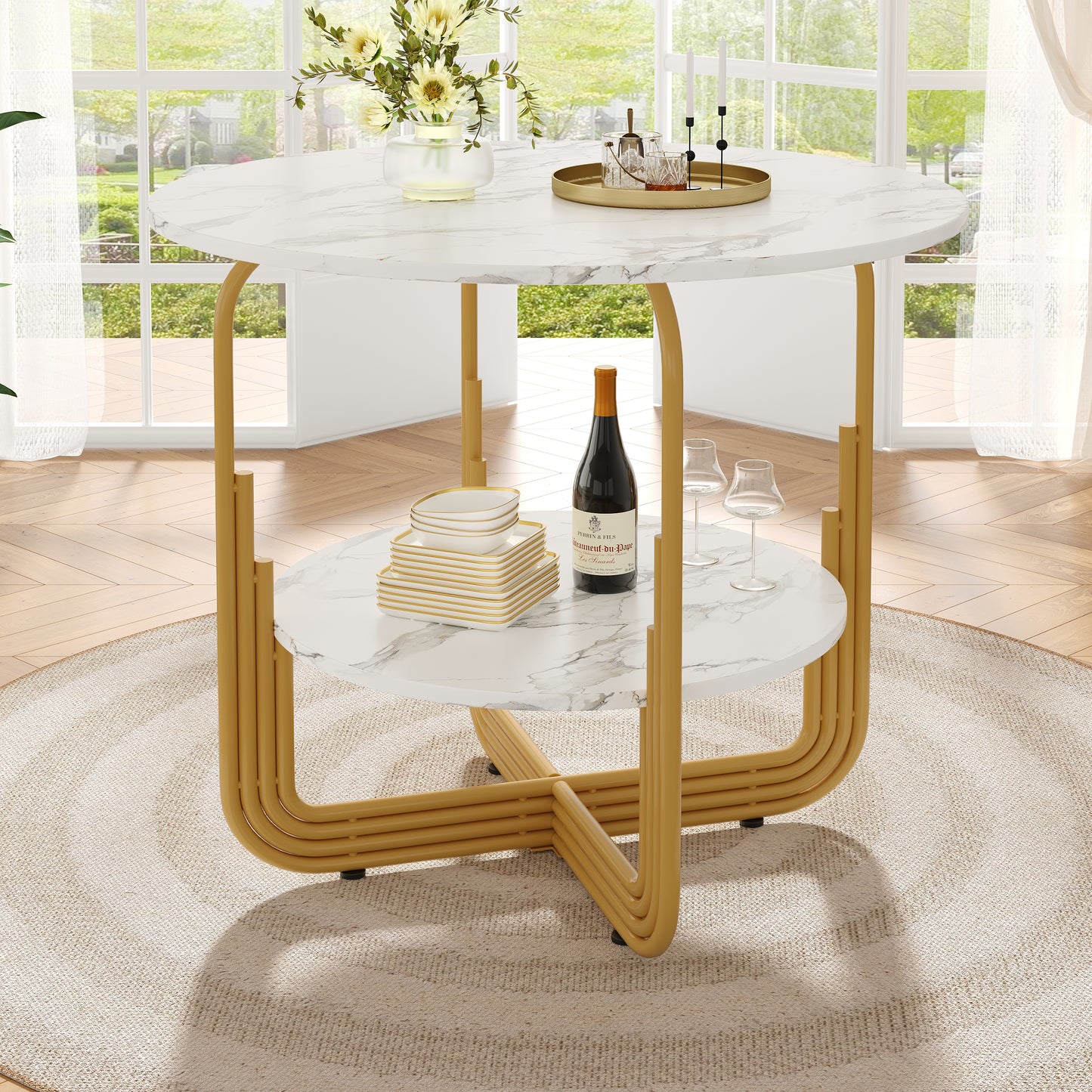 Round Dining Table 80x80x76cm, Kitchen Dining Table, Round Coffee Table For 4 People, Small Round Plate In The Middle For Storage, Suitable For Dining Room, Living Room, MDF Marble Table Top