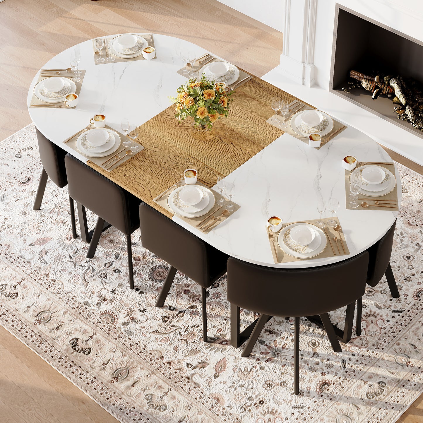 9-Piece Oval Dining Table Set, Fixed White Faux Marble & Wood Grain Triamine Tabletop With 8 Black PU Leather Chairs, Modern Kitchen Table Set For 8 People, Ideal For Family Gatherings, Dining Room